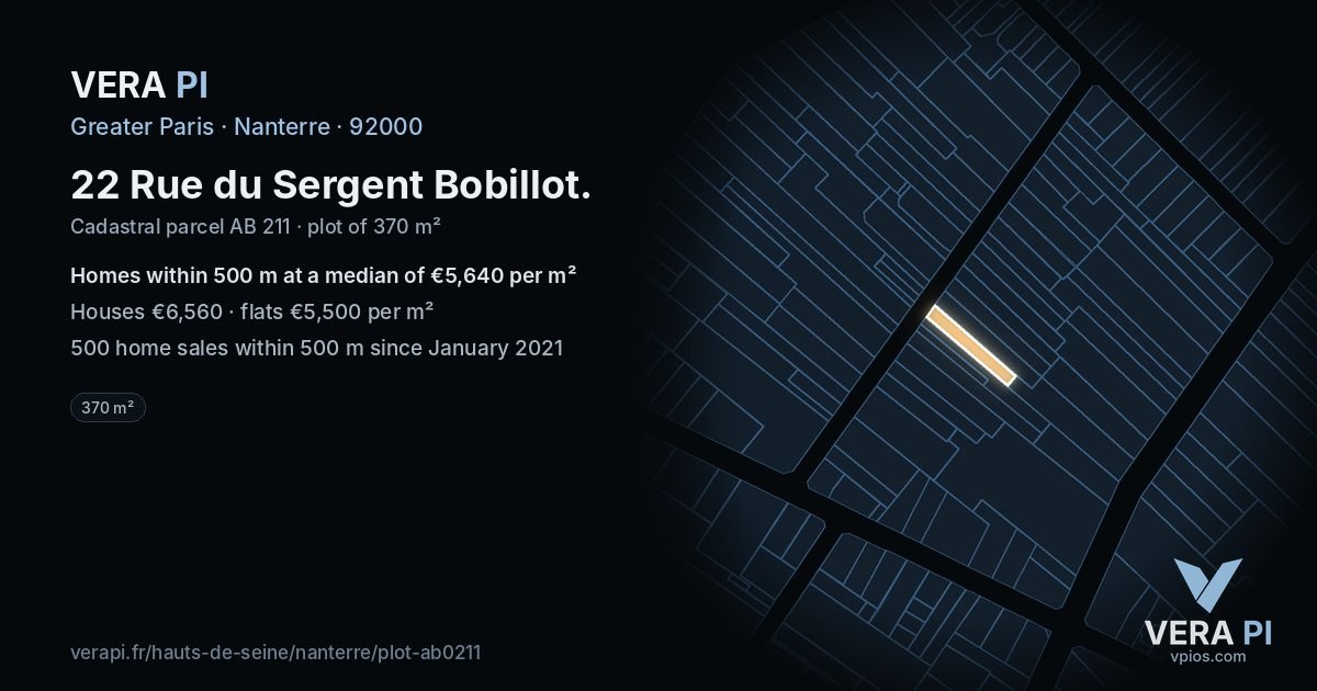 22 Rue du Sergent Bobillot, Nanterre at night – the plot lit, the parcels around coloured by the prices near them