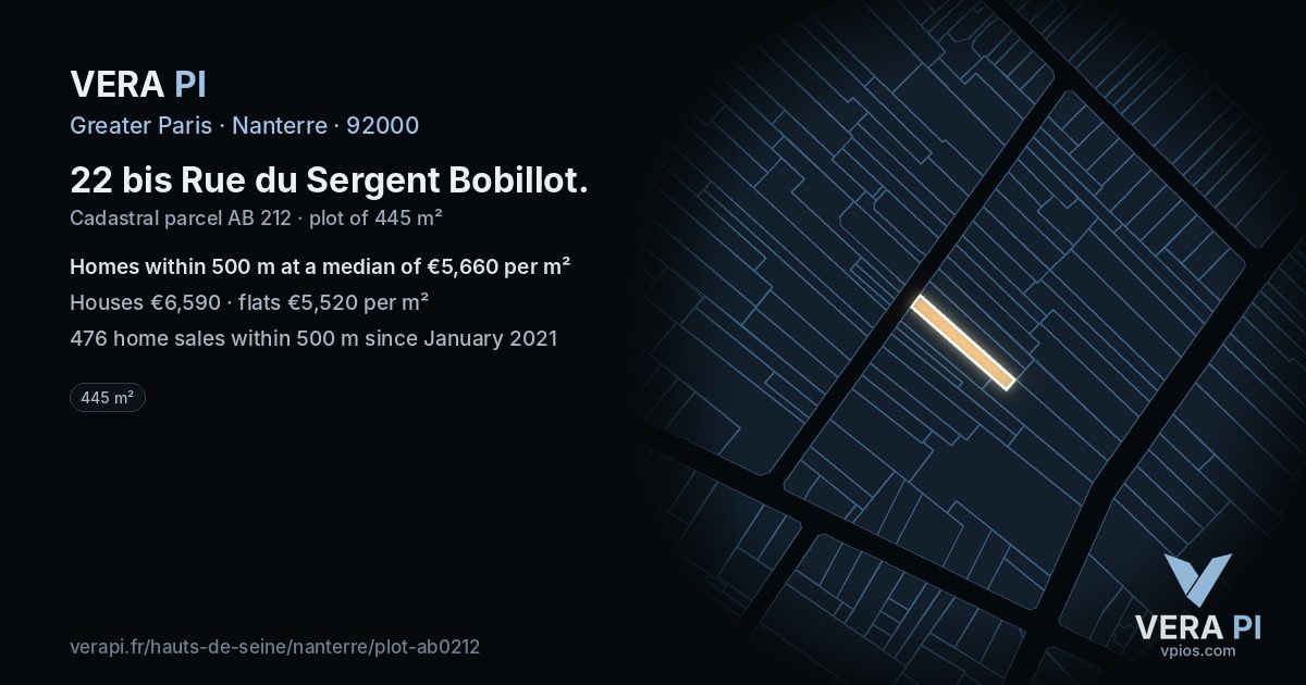 22 bis Rue du Sergent Bobillot, Nanterre at night – the plot lit, the parcels around coloured by the prices near them