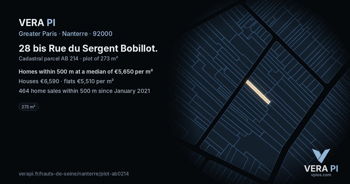28 bis Rue du Sergent Bobillot, Nanterre at night – the plot lit, the parcels around coloured by the prices near them