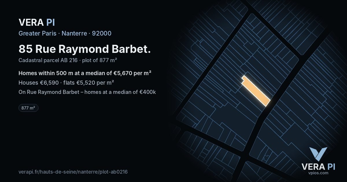 85 Rue Raymond Barbet, Nanterre at night – the plot lit, the parcels around coloured by the prices near them