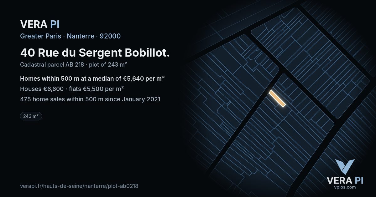 40 Rue du Sergent Bobillot, Nanterre at night – the plot lit, the parcels around coloured by the prices near them