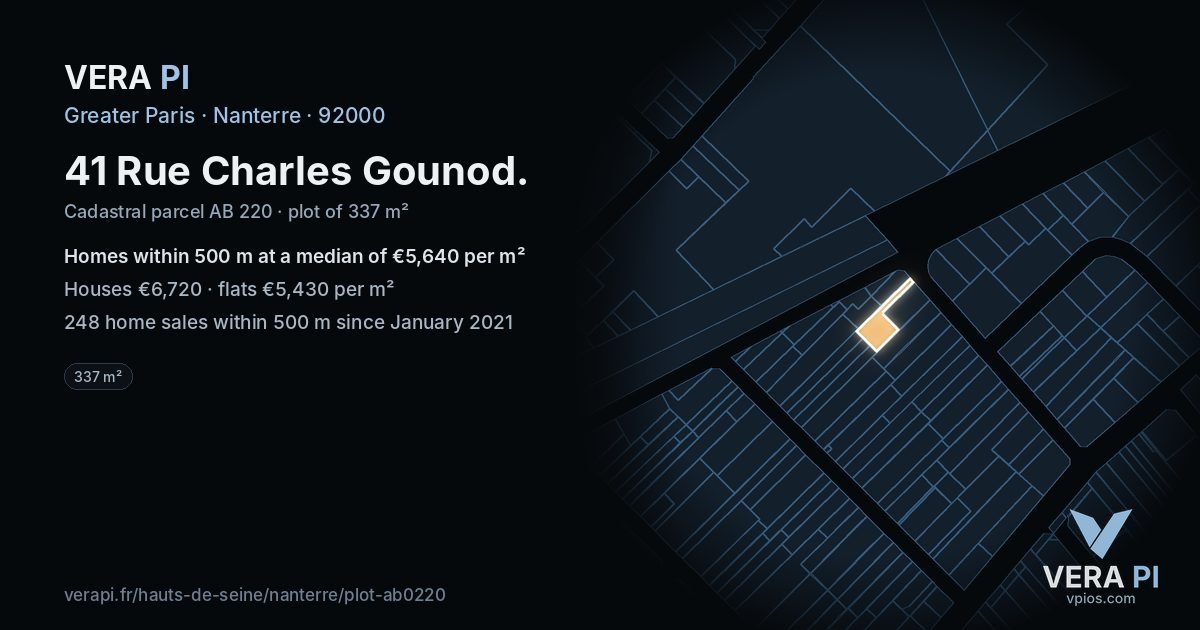 41 Rue Charles Gounod, Nanterre at night – the plot lit, the parcels around coloured by the prices near them