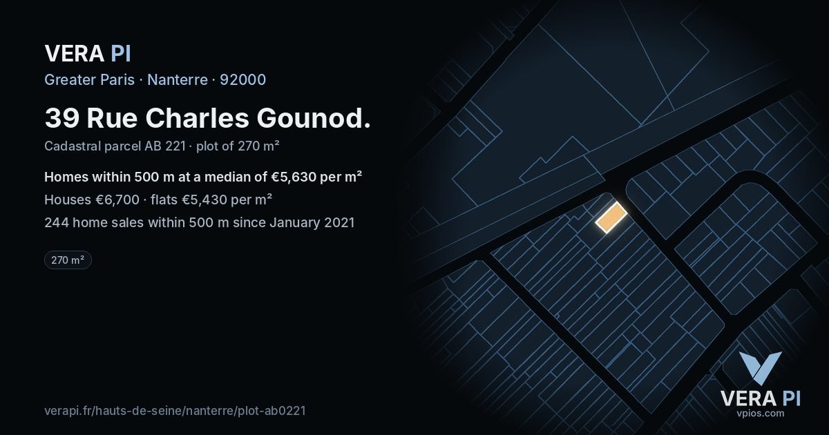 39 Rue Charles Gounod, Nanterre at night – the plot lit, the parcels around coloured by the prices near them