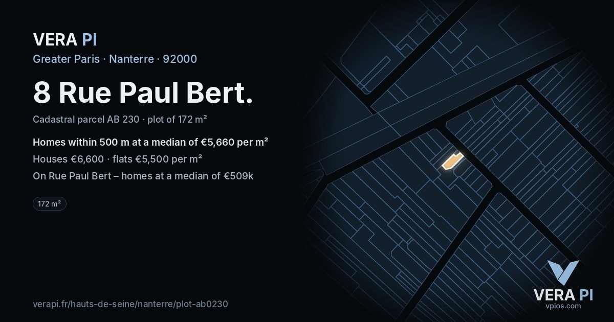 8 Rue Paul Bert, Nanterre at night – the plot lit, the parcels around coloured by the prices near them