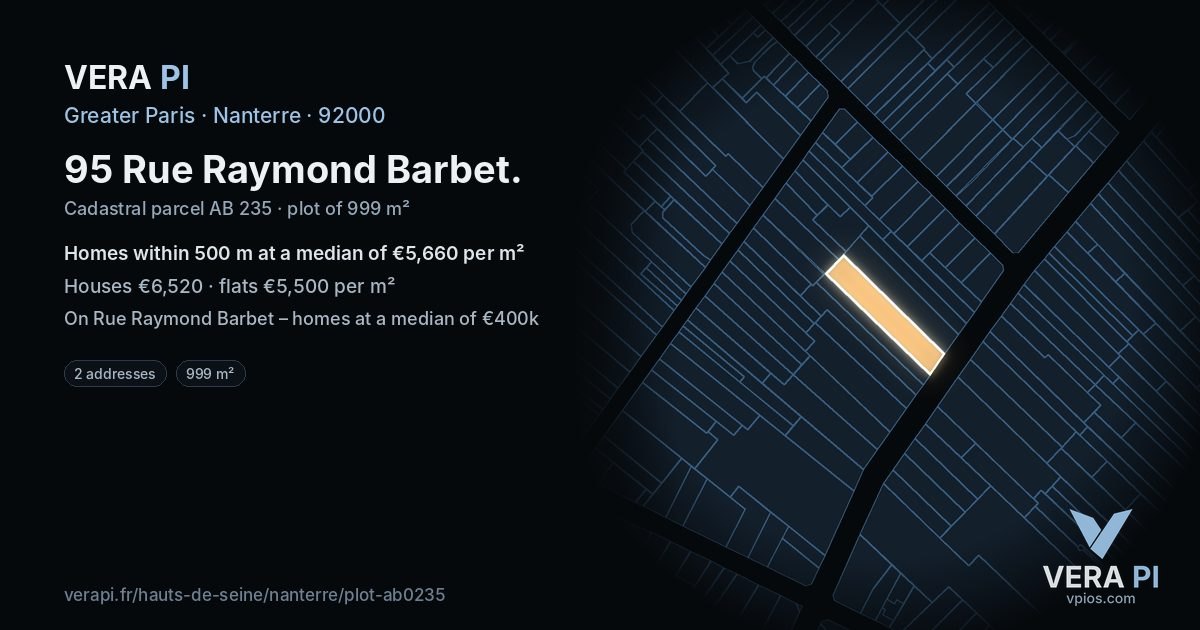 95 Rue Raymond Barbet, Nanterre at night – the plot lit, the parcels around coloured by the prices near them