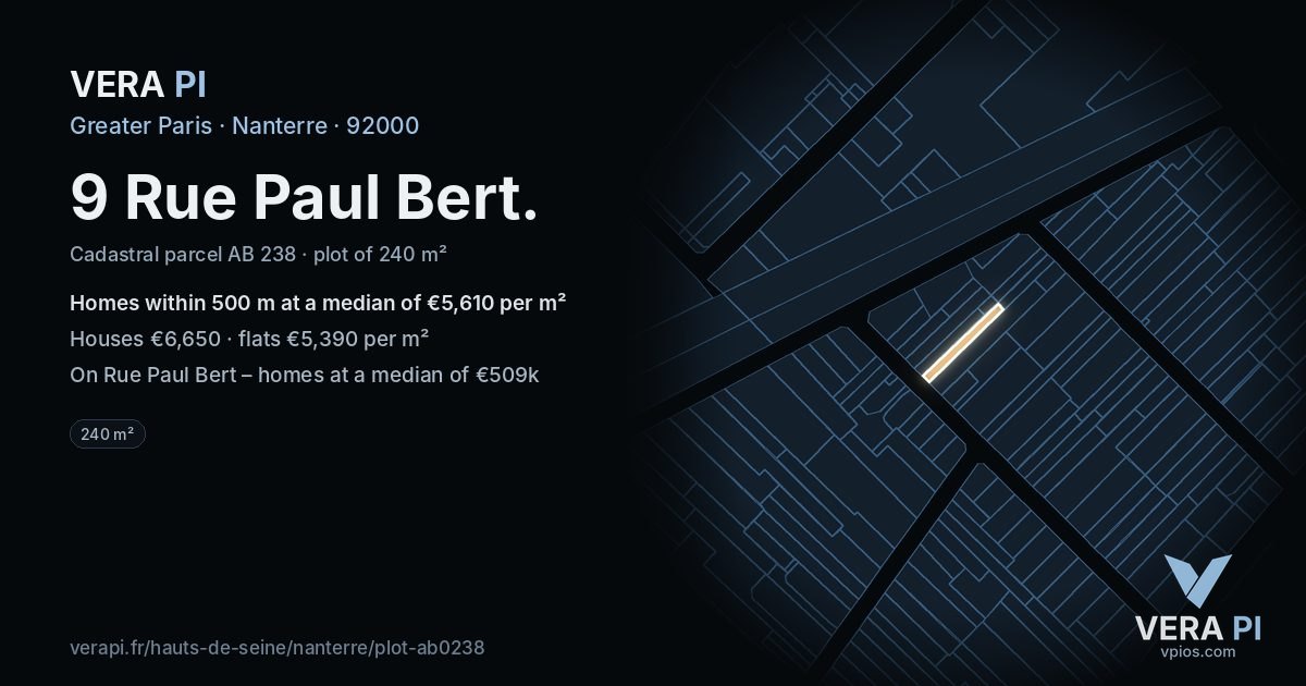 9 Rue Paul Bert, Nanterre at night – the plot lit, the parcels around coloured by the prices near them