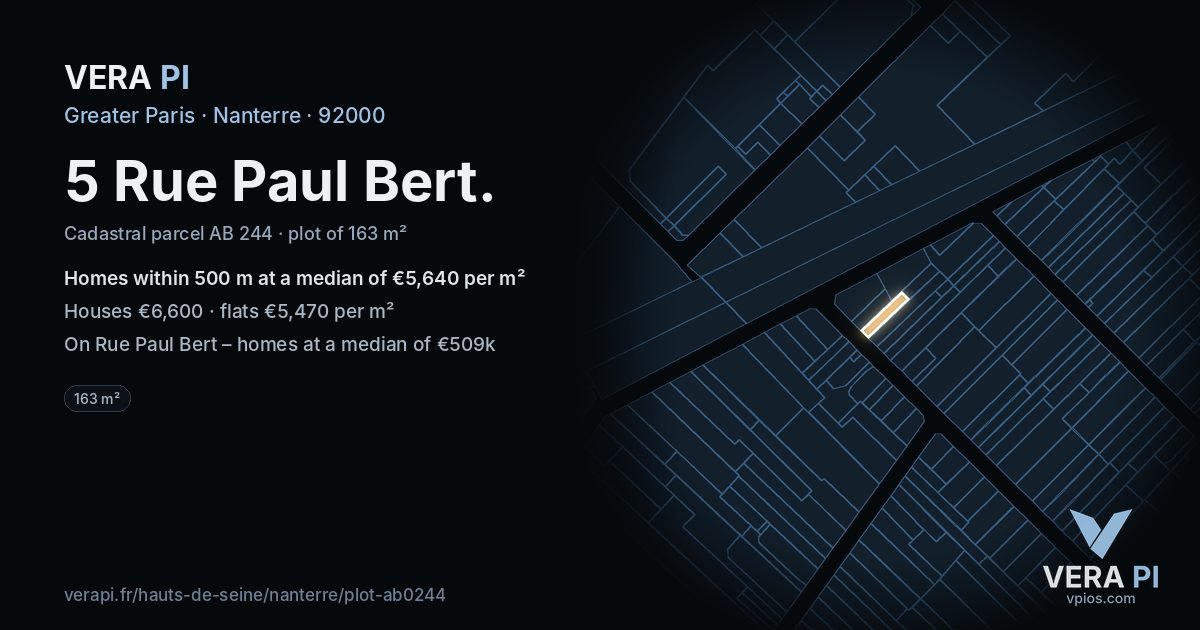 5 Rue Paul Bert, Nanterre at night – the plot lit, the parcels around coloured by the prices near them