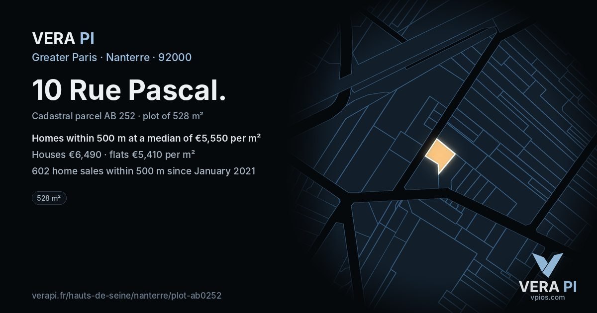 10 Rue Pascal, Nanterre at night – the plot lit, the parcels around coloured by the prices near them