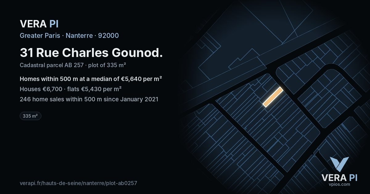 31 Rue Charles Gounod, Nanterre at night – the plot lit, the parcels around coloured by the prices near them