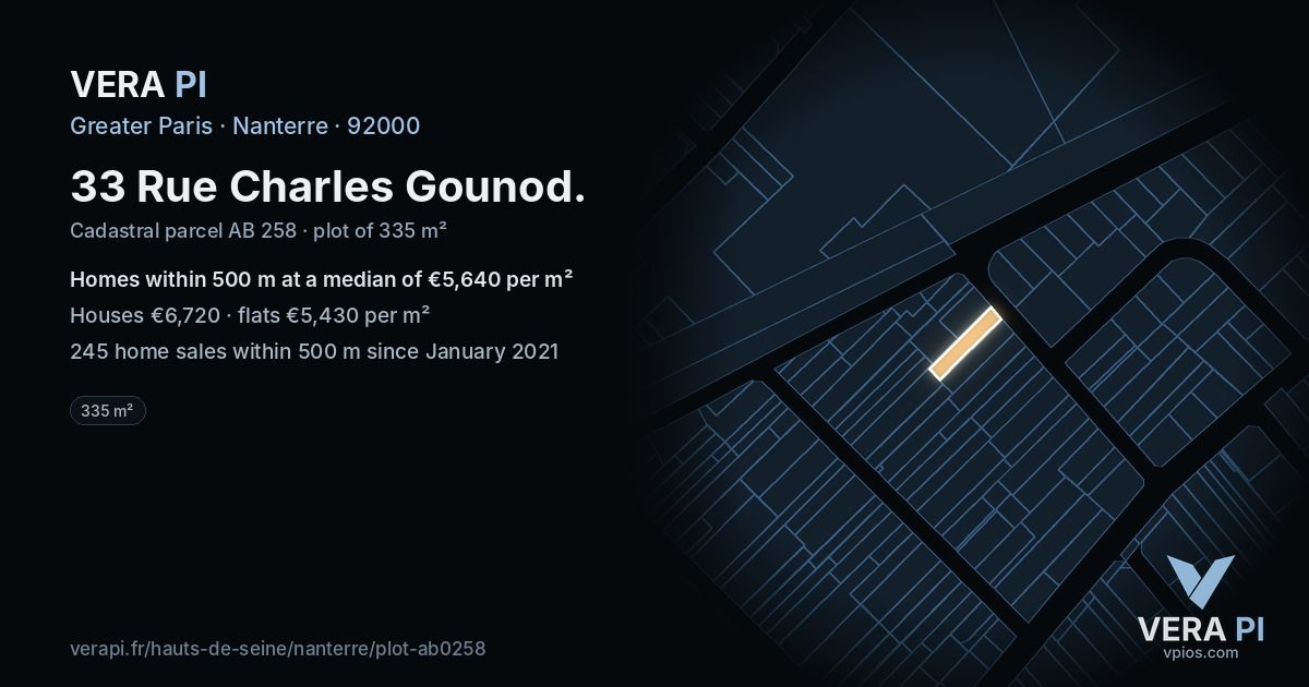 33 Rue Charles Gounod, Nanterre at night – the plot lit, the parcels around coloured by the prices near them