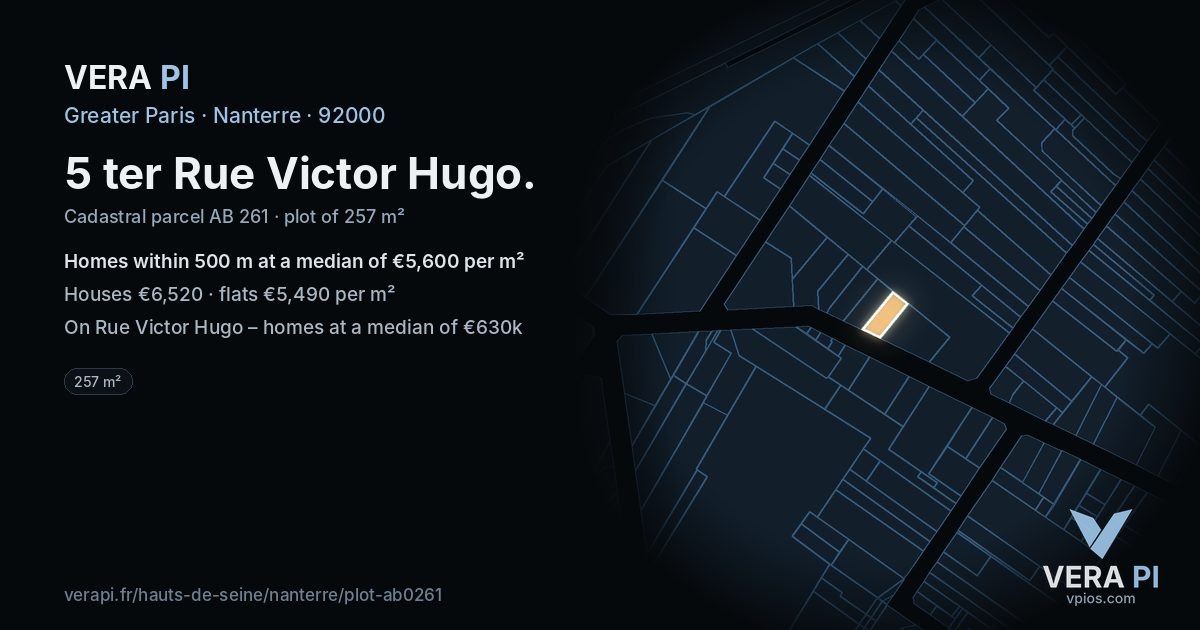 5 ter Rue Victor Hugo, Nanterre at night – the plot lit, the parcels around coloured by the prices near them