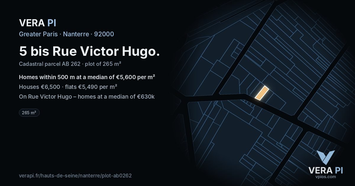 5 bis Rue Victor Hugo, Nanterre at night – the plot lit, the parcels around coloured by the prices near them