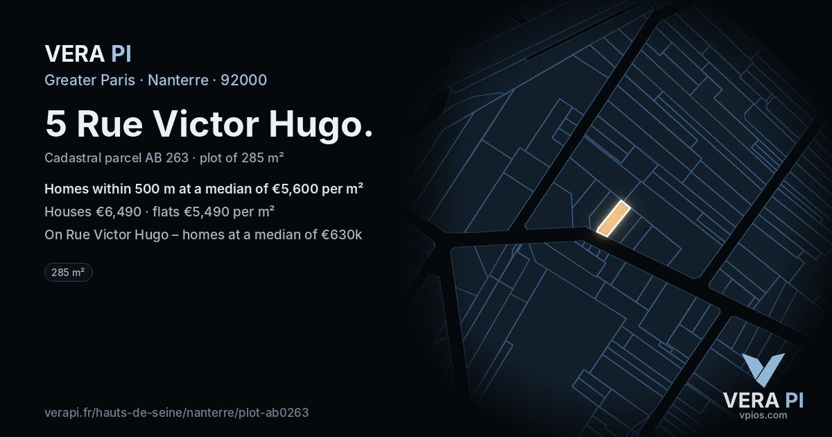 5 Rue Victor Hugo, Nanterre at night – the plot lit, the parcels around coloured by the prices near them