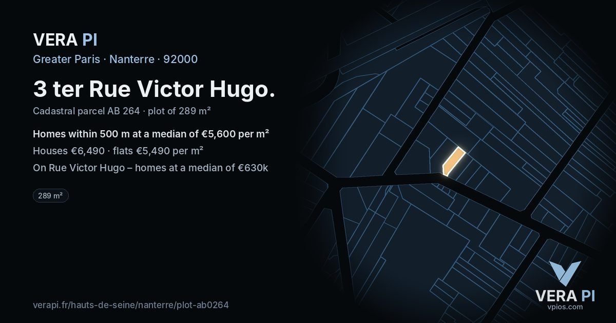 3 ter Rue Victor Hugo, Nanterre at night – the plot lit, the parcels around coloured by the prices near them