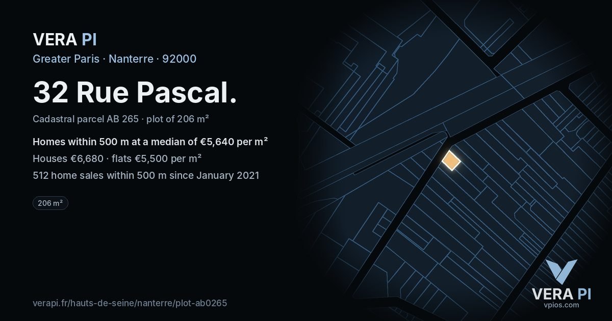 32 Rue Pascal, Nanterre at night – the plot lit, the parcels around coloured by the prices near them