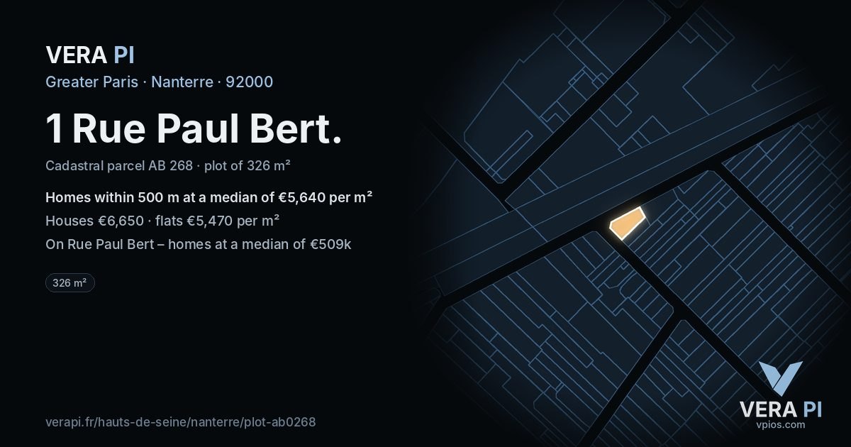 1 Rue Paul Bert, Nanterre at night – the plot lit, the parcels around coloured by the prices near them