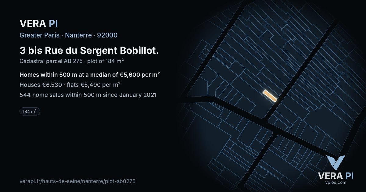 3 bis Rue du Sergent Bobillot, Nanterre at night – the plot lit, the parcels around coloured by the prices near them