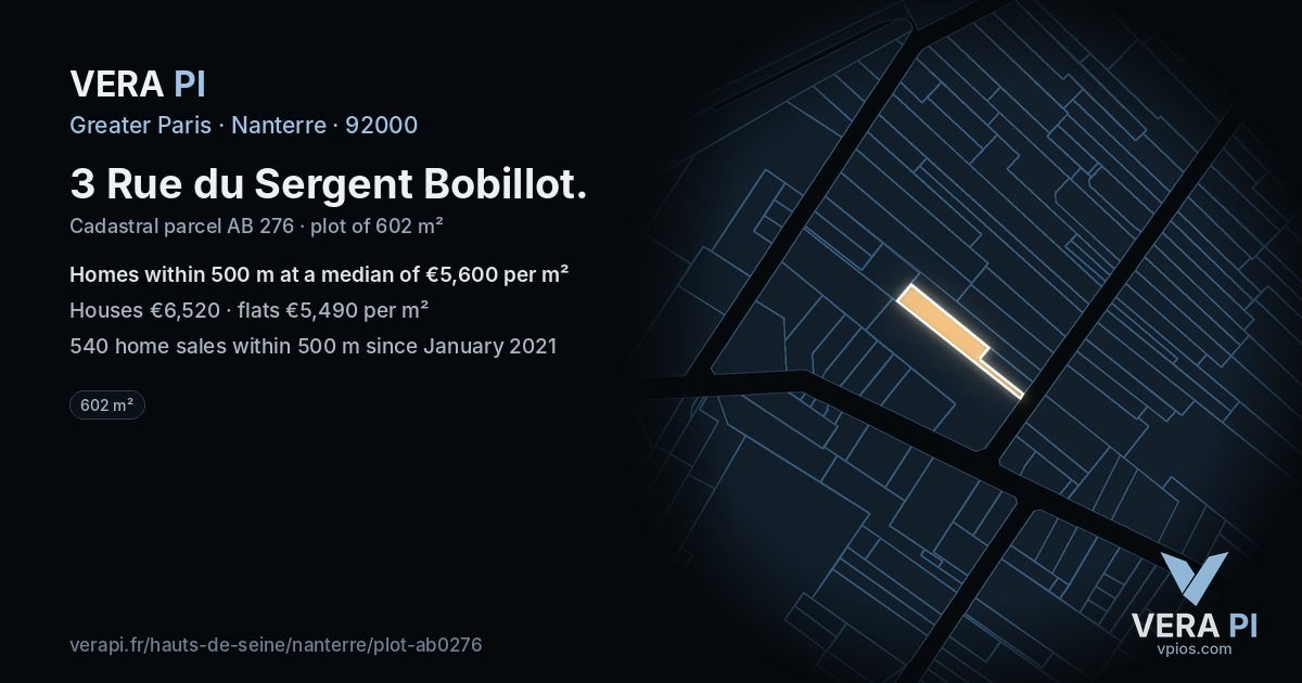 3 Rue du Sergent Bobillot, Nanterre at night – the plot lit, the parcels around coloured by the prices near them