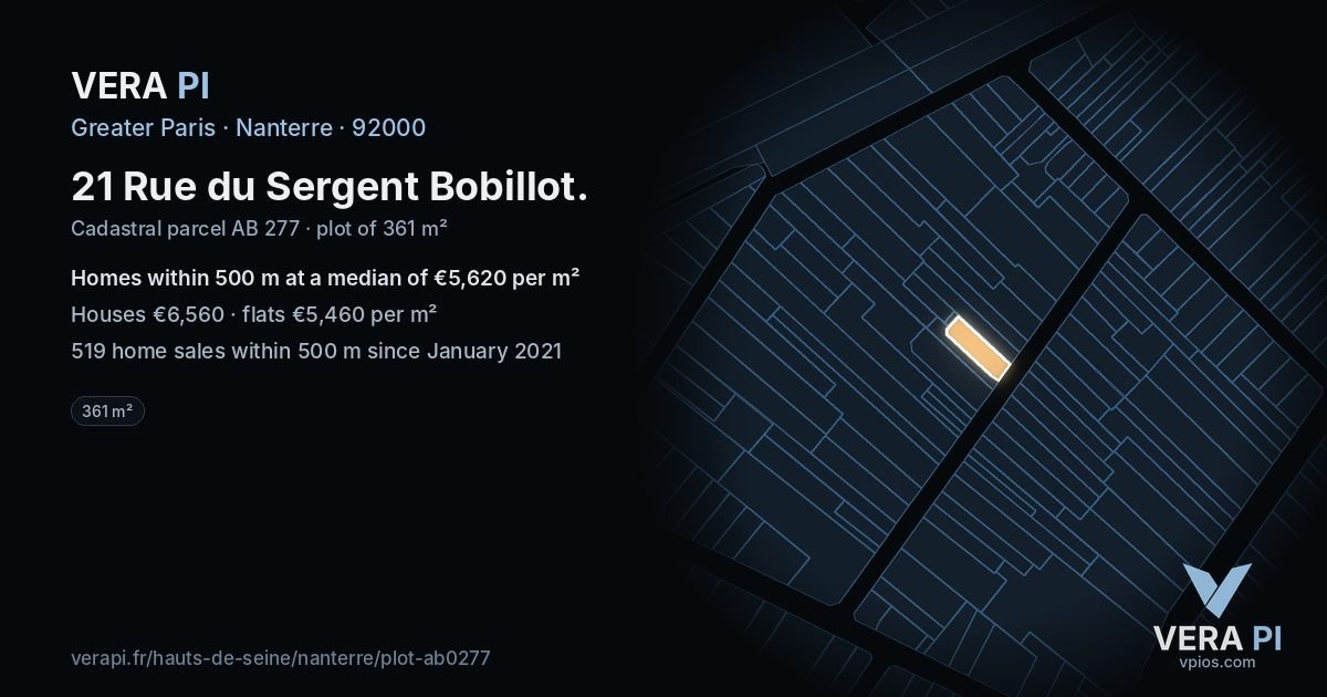 21 Rue du Sergent Bobillot, Nanterre at night – the plot lit, the parcels around coloured by the prices near them