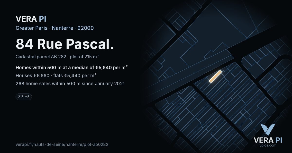84 Rue Pascal, Nanterre at night – the plot lit, the parcels around coloured by the prices near them