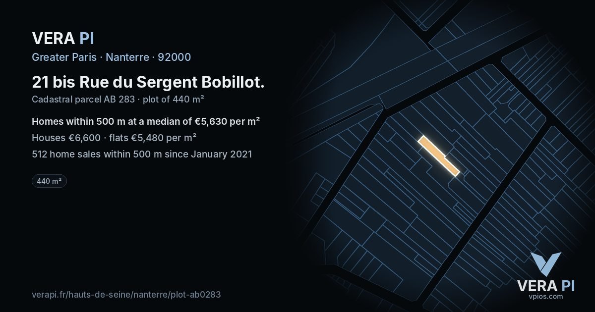 21 bis Rue du Sergent Bobillot, Nanterre at night – the plot lit, the parcels around coloured by the prices near them