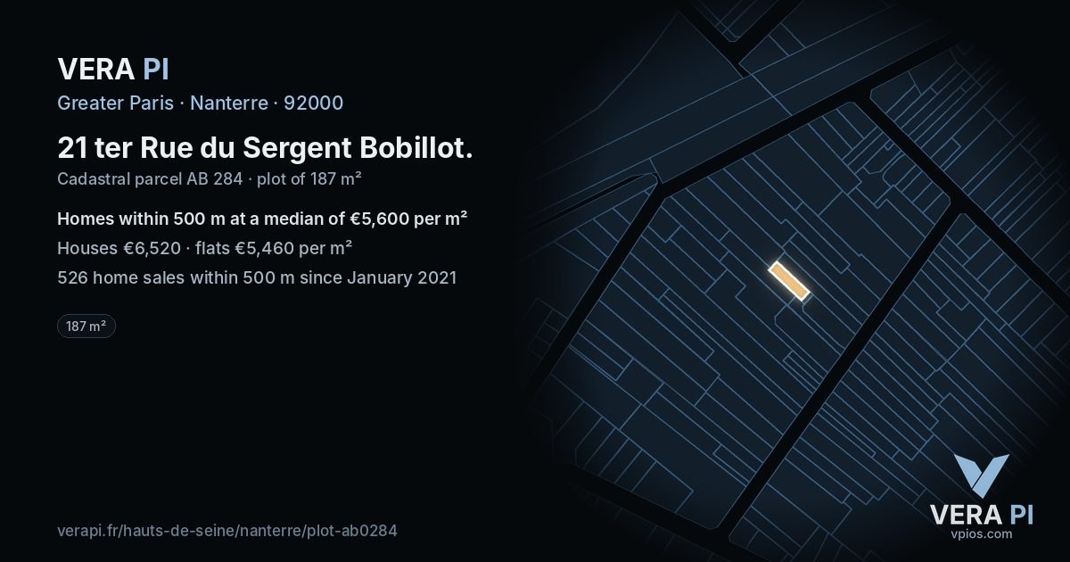 21 ter Rue du Sergent Bobillot, Nanterre at night – the plot lit, the parcels around coloured by the prices near them