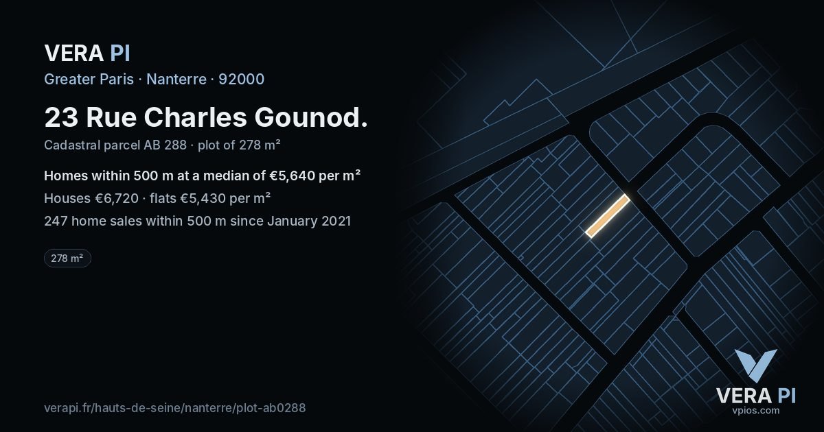 23 Rue Charles Gounod, Nanterre at night – the plot lit, the parcels around coloured by the prices near them