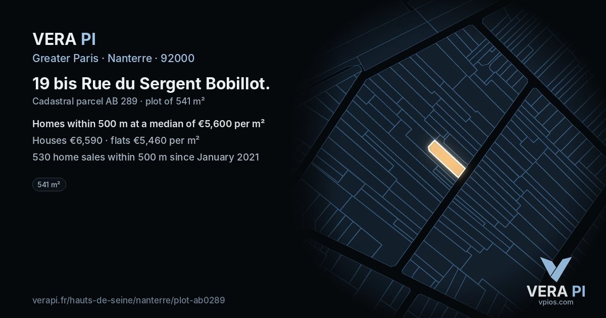 19 bis Rue du Sergent Bobillot, Nanterre at night – the plot lit, the parcels around coloured by the prices near them