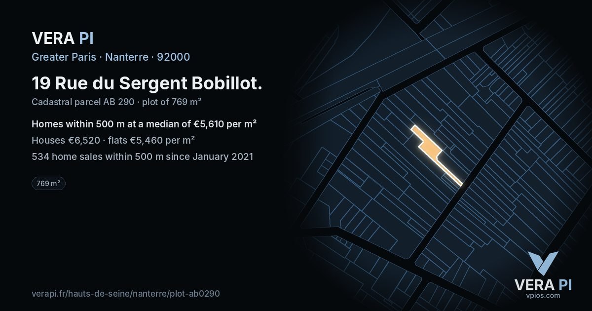 19 Rue du Sergent Bobillot, Nanterre at night – the plot lit, the parcels around coloured by the prices near them