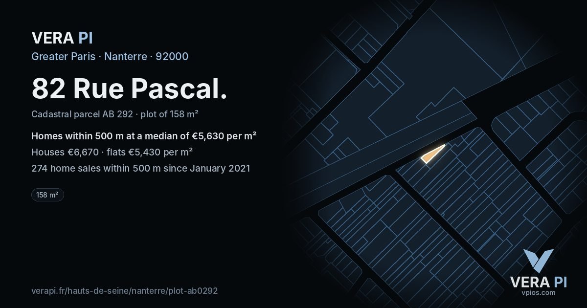 82 Rue Pascal, Nanterre at night – the plot lit, the parcels around coloured by the prices near them