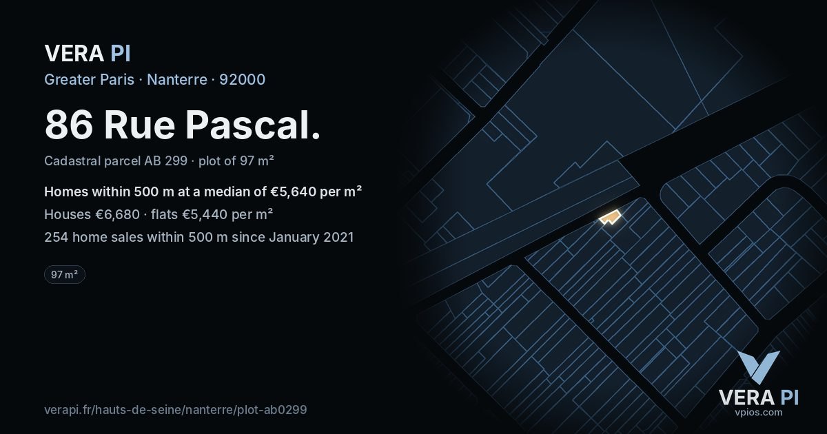 86 Rue Pascal, Nanterre at night – the plot lit, the parcels around coloured by the prices near them