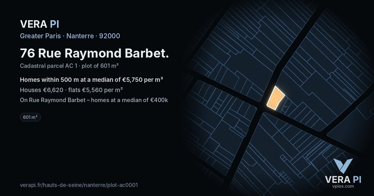76 Rue Raymond Barbet, Nanterre at night – the plot lit, the parcels around coloured by the prices near them