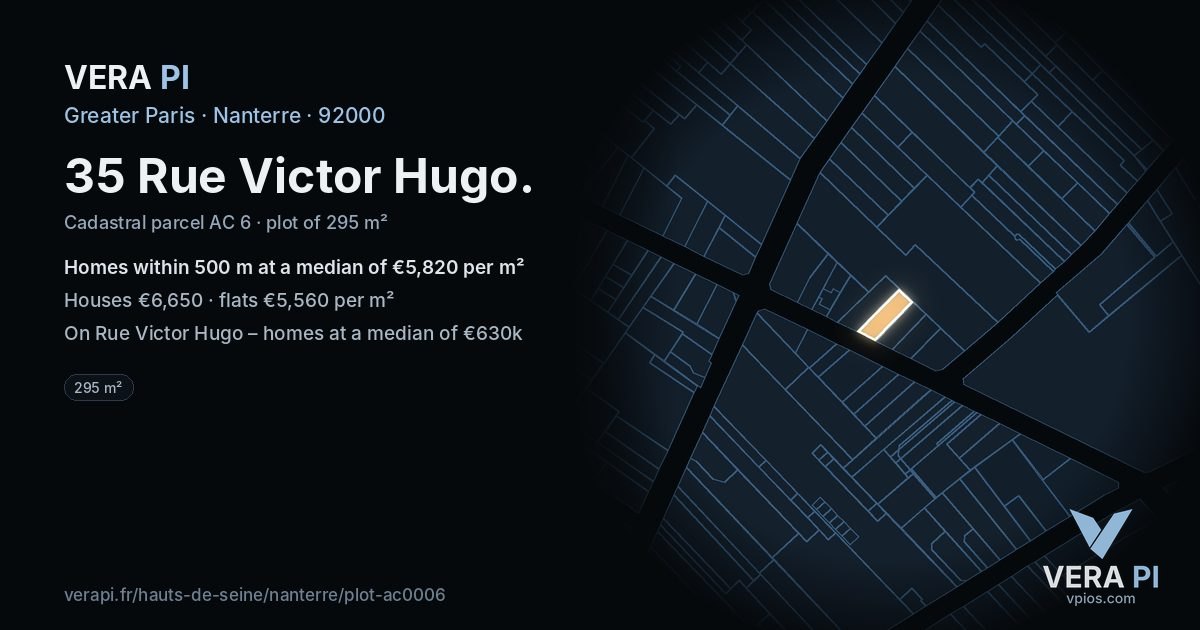 35 Rue Victor Hugo, Nanterre at night – the plot lit, the parcels around coloured by the prices near them