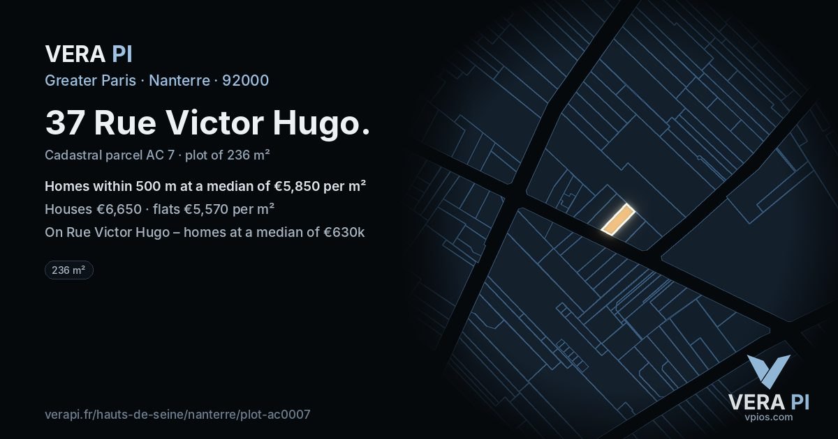 37 Rue Victor Hugo, Nanterre at night – the plot lit, the parcels around coloured by the prices near them