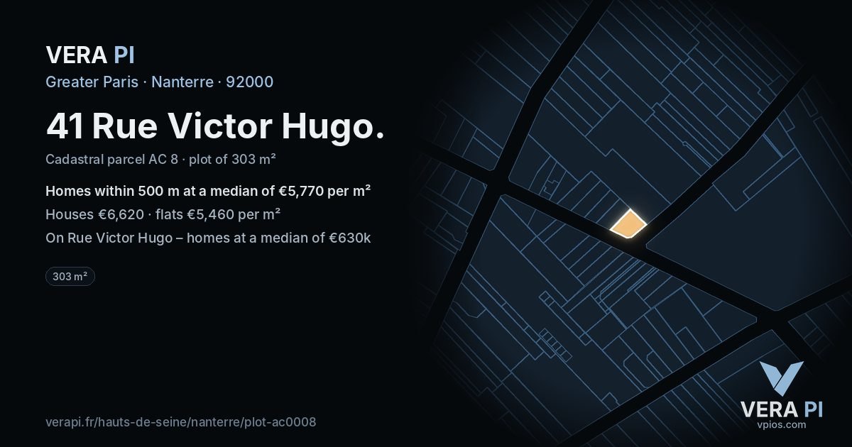 41 Rue Victor Hugo, Nanterre at night – the plot lit, the parcels around coloured by the prices near them