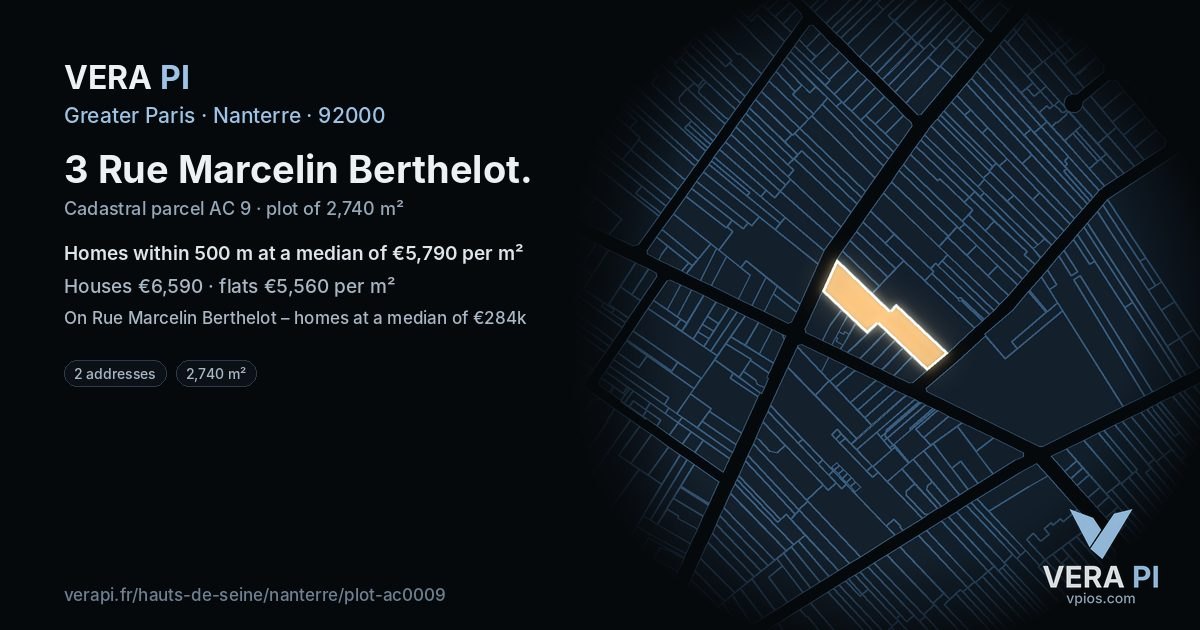 3 Rue Marcelin Berthelot, Nanterre at night – the plot lit, the parcels around coloured by the prices near them