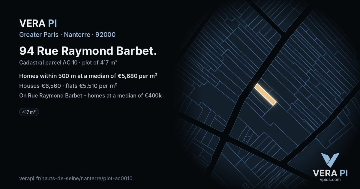 94 Rue Raymond Barbet, Nanterre at night – the plot lit, the parcels around coloured by the prices near them
