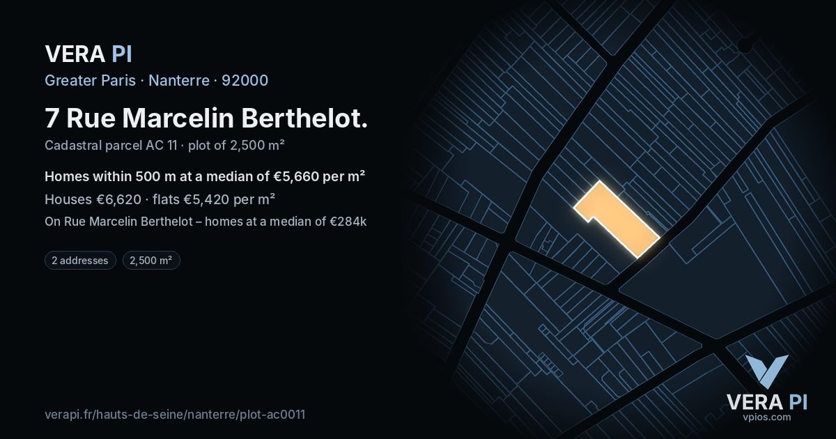 7 Rue Marcelin Berthelot, Nanterre at night – the plot lit, the parcels around coloured by the prices near them