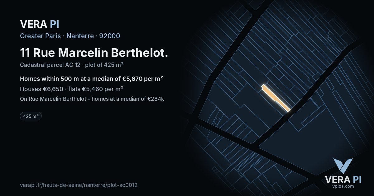11 Rue Marcelin Berthelot, Nanterre at night – the plot lit, the parcels around coloured by the prices near them