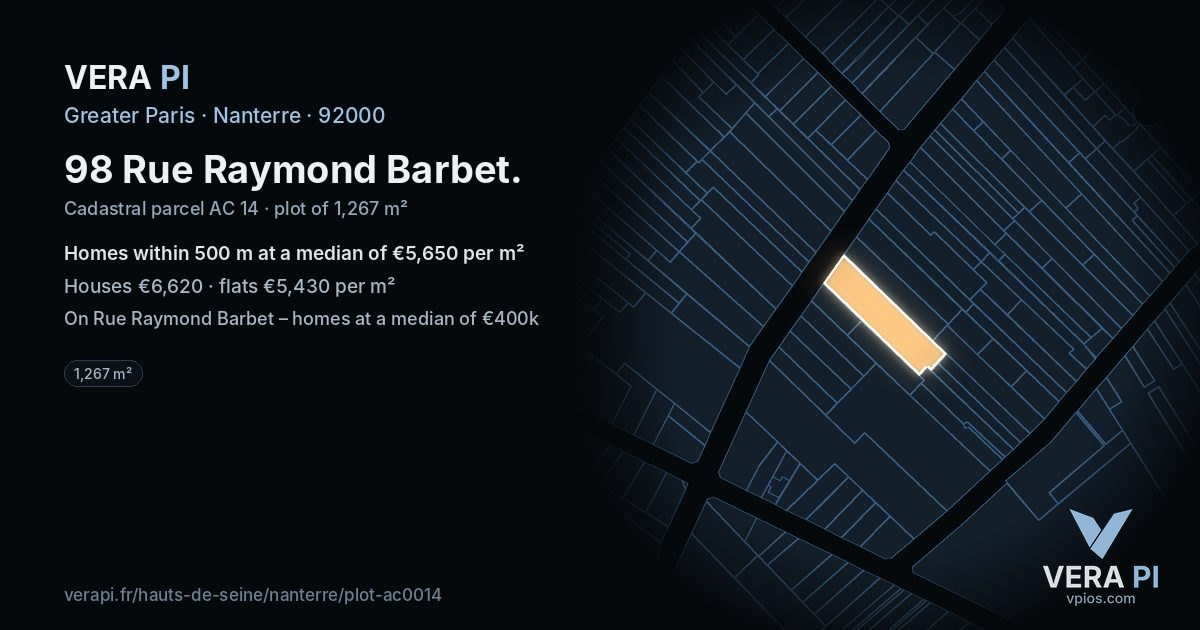 98 Rue Raymond Barbet, Nanterre at night – the plot lit, the parcels around coloured by the prices near them