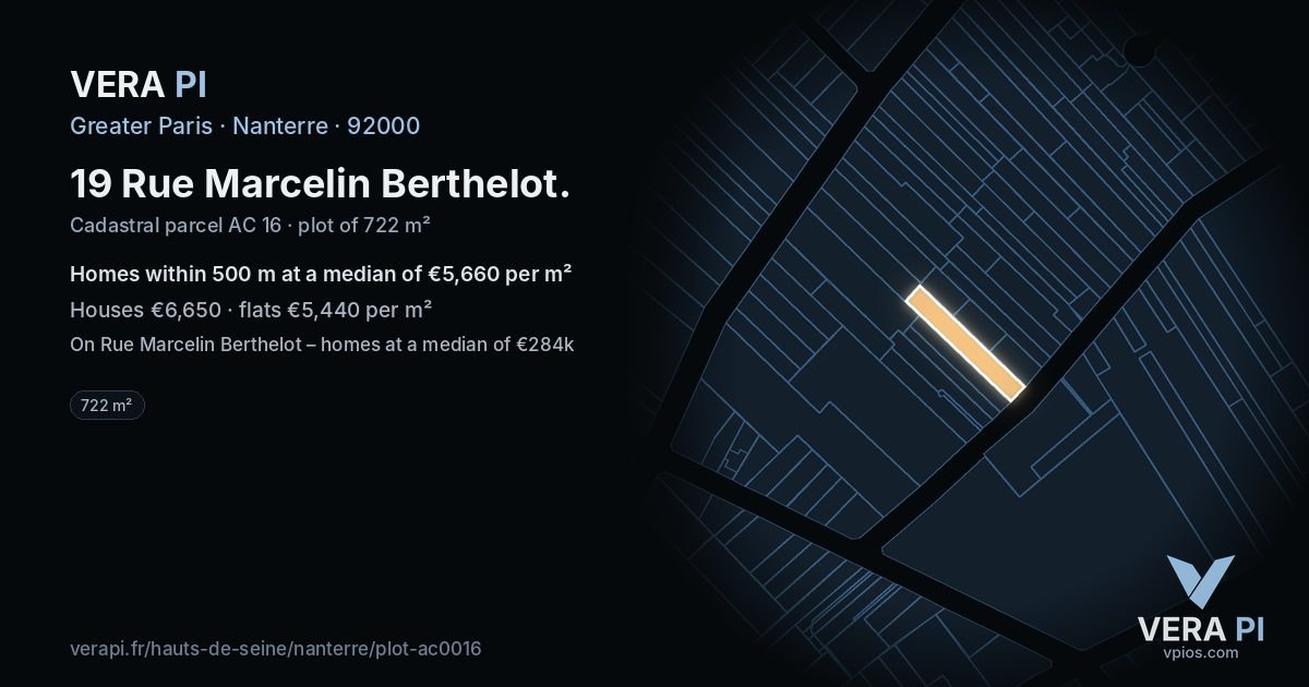 19 Rue Marcelin Berthelot, Nanterre at night – the plot lit, the parcels around coloured by the prices near them