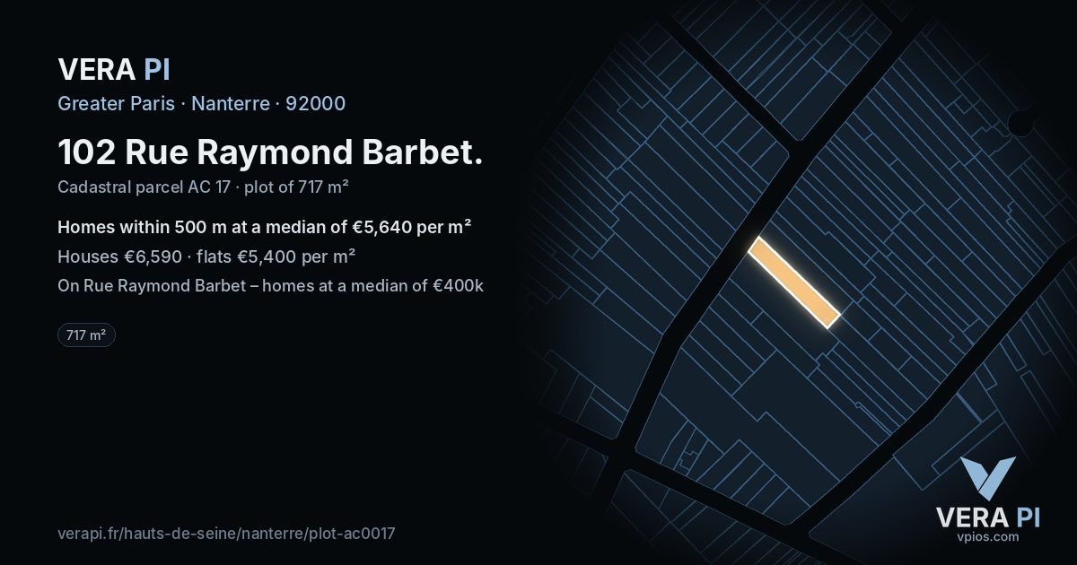102 Rue Raymond Barbet, Nanterre at night – the plot lit, the parcels around coloured by the prices near them