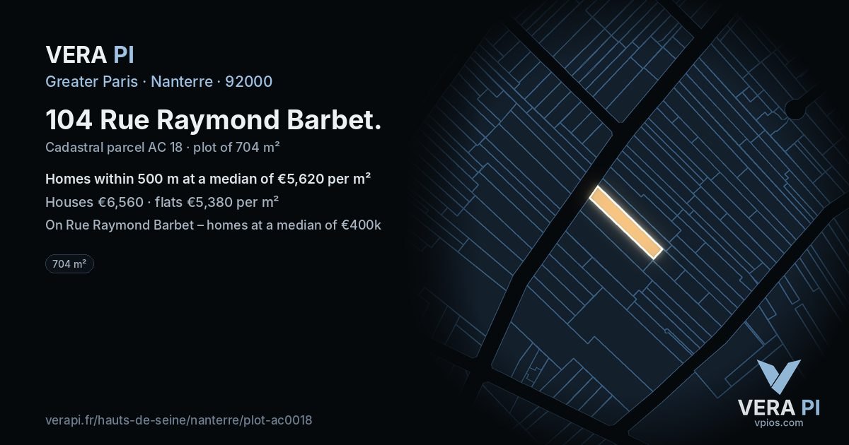 104 Rue Raymond Barbet, Nanterre at night – the plot lit, the parcels around coloured by the prices near them