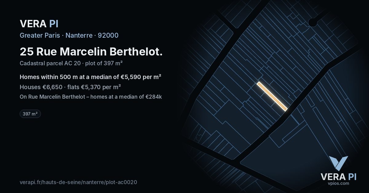 25 Rue Marcelin Berthelot, Nanterre at night – the plot lit, the parcels around coloured by the prices near them