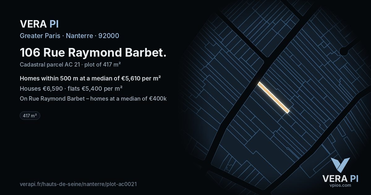 106 Rue Raymond Barbet, Nanterre at night – the plot lit, the parcels around coloured by the prices near them