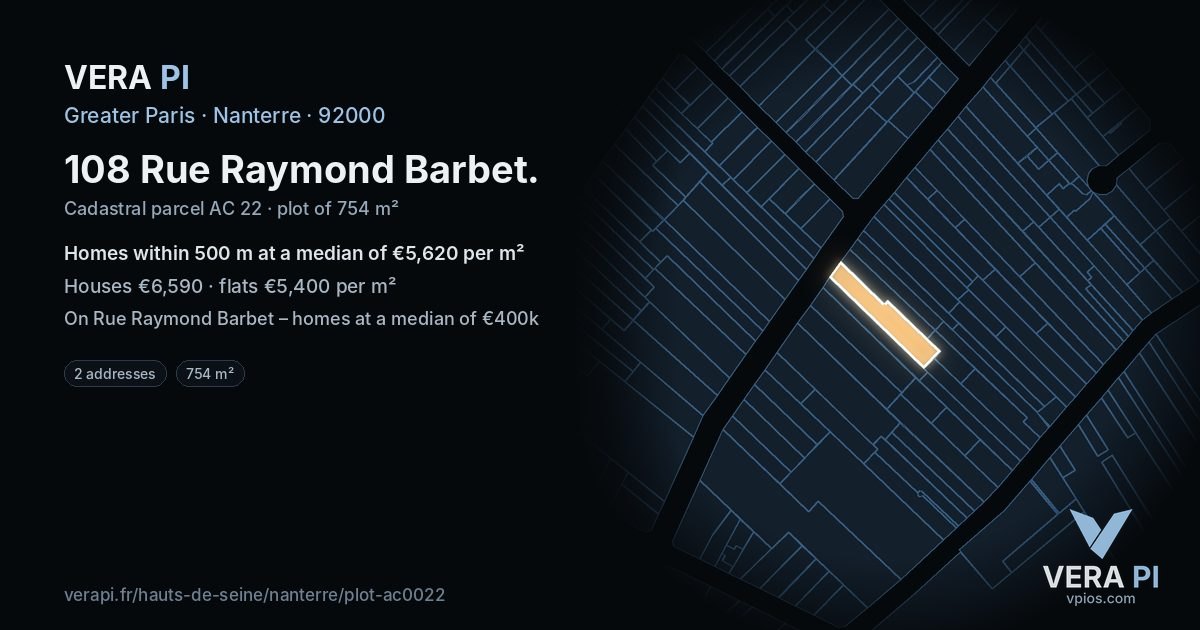 108 Rue Raymond Barbet, Nanterre at night – the plot lit, the parcels around coloured by the prices near them