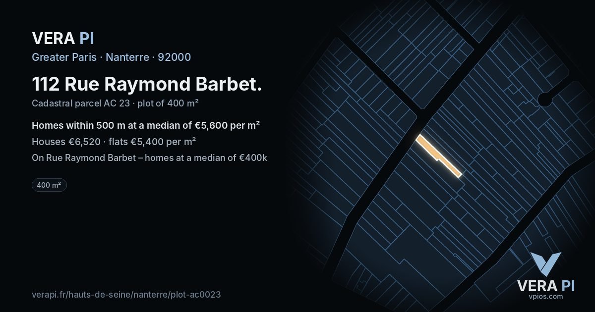 112 Rue Raymond Barbet, Nanterre at night – the plot lit, the parcels around coloured by the prices near them
