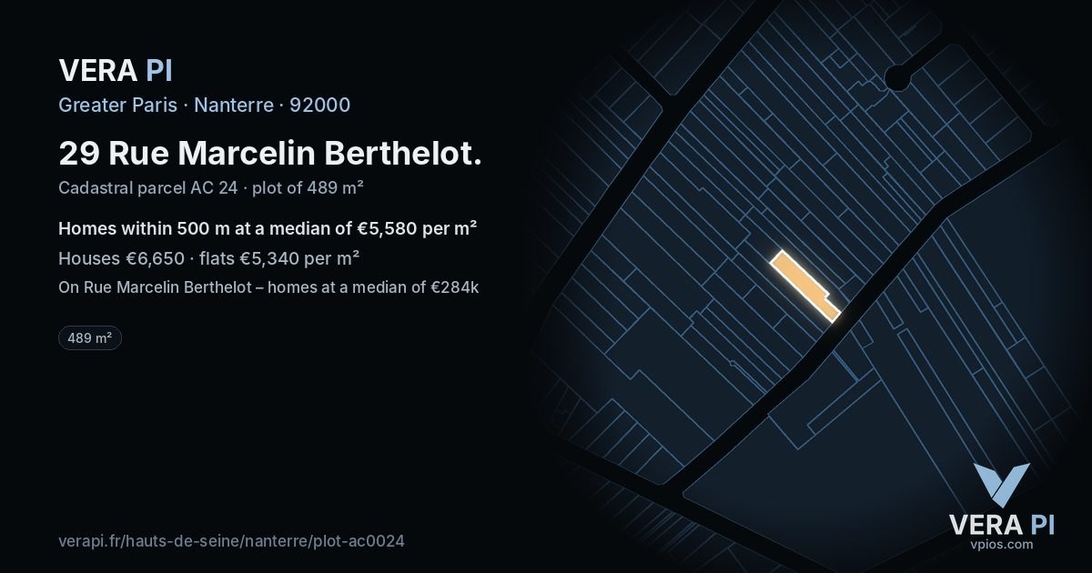 29 Rue Marcelin Berthelot, Nanterre at night – the plot lit, the parcels around coloured by the prices near them