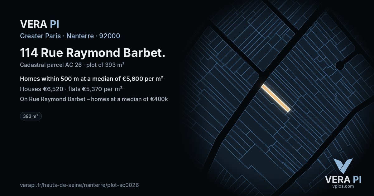 114 Rue Raymond Barbet, Nanterre at night – the plot lit, the parcels around coloured by the prices near them