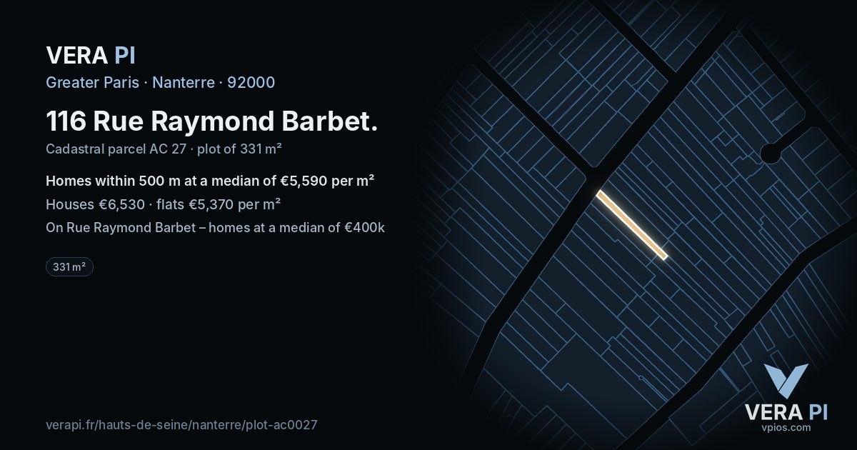 116 Rue Raymond Barbet, Nanterre at night – the plot lit, the parcels around coloured by the prices near them